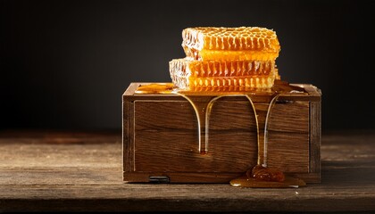 a wooden box with a dripping honey on top of it