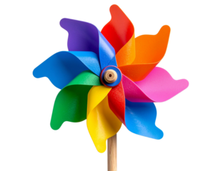  “Single Rainbow Pinwheel with Wooden Stick, Isolated on Transparent Background”.