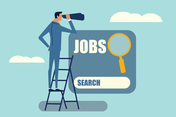 Actively searching for jobs. A person looks through a telescope at a job search interface, representing career hunting and new roles.
