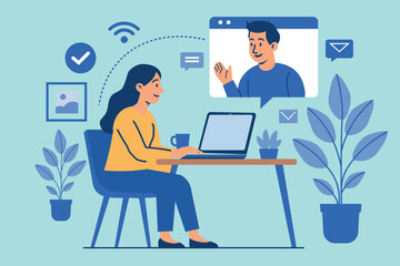 Modern remote work. A woman uses her laptop for a video conference, showcasing effective online collaboration and flexible working solutions.