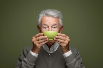 Elderly man with gray hair holding a green bowl close to his face, looking calm and thoughtful against a muted green background - Powered by Adobe