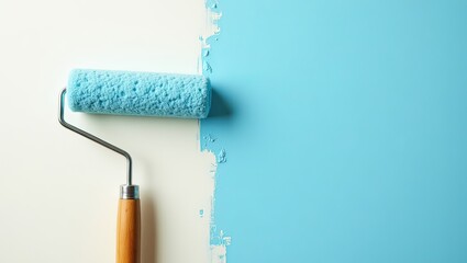 Obraz premium blue paint is applied to the wall with a roller
