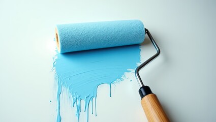 Obraz premium blue paint is applied to the wall with a roller