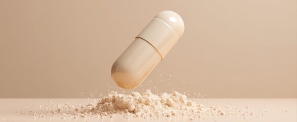 The floating capsule above a mound of powdered supplement on a minimalistic background.