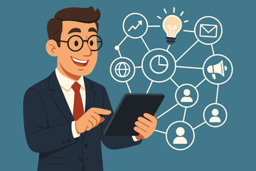 Businessman using tablet for digital marketing strategy. Omnichannel business management concept with network icons for analytics, communication, CRM, and innovative ideas. Vector.