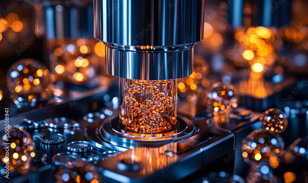Poster close-up view of futuristic quantum computing hardware with glowing orange qubits and metallic compo