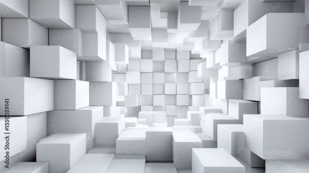 Poster a unique arrangement of white cubes fills a three-dimensional space, creating a sense of depth and p
