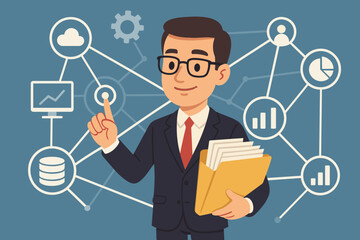 Businessman managing data network, holding folder of documents. Business data analysis, cloud computing, database management, statistics, workflow automation, digital transformation concept vector