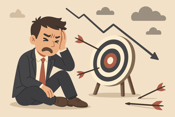 Frustrated businessman suffering failure and disappointment, missing targets, unsuccessful business strategy, declining sales, stress, depression, mistake, challenge concept, vector illustration