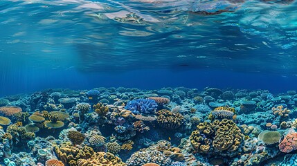 Obraz premium close up of a tropical ocean, underwater life, panoramic view of coral blue ocean inside