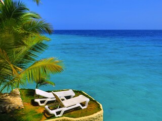 Two white sun loungers under the palm tree and calm paradise tropical ocean. Turquoise sea, sunny day and pair of sunbeds on the shore. Travel photography, relaxation on the coast