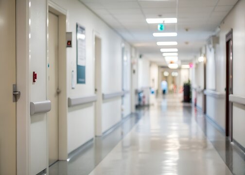 Modern hospital corridor with doors and reflective floors