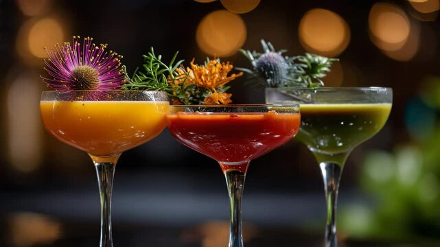 Exotic cocktails with vibrant flowers being poured into elegant glasses on a bar counter