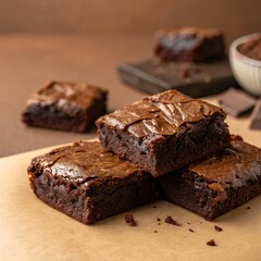 Chocolate Brownies on Brown Background – Decadent Dessert Flat Lay with Warm Tones.