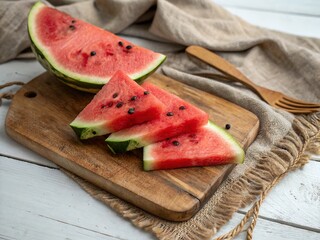 Sliced Watermelon on Rustic Wooden Board – Summer Fruit Top View with Natural Texture.