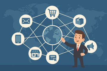 Global E-commerce Network Concept with Businessman Connecting Online Shopping, Digital Marketing, Mobile Devices, Storefronts, Shipping, Email, and Payment Icons on World Map