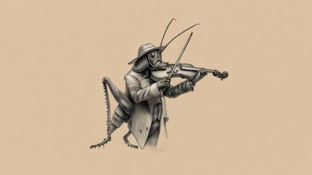 Grasshopper musician plays violin in animated sequence with intricate details