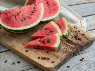 Sliced Watermelon on Rustic Wooden Board – Summer Fruit Top View with Natural Texture.