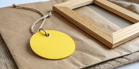 Yellow Round Tag Mockup on Kraft Paper with Wooden Square – Minimal Branding Scene.