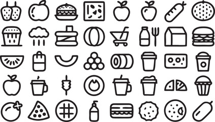 Kitchen doodle icons vector set: food, coffee, and cake illustration collection