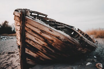Decayed wooden boat on beach
