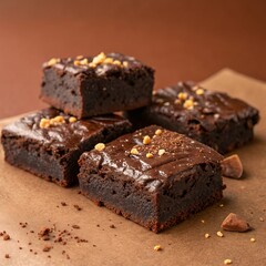Chocolate Brownies on Brown Background – Decadent Dessert Flat Lay with Warm Tones.