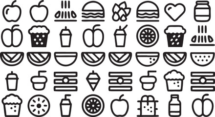 Hand-drawn doodle sketch vector icon set of kitchen tools and food symbols