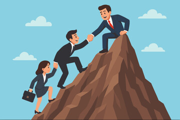 Business team climbing steep mountain together with leader’s supportive hand to reach the summit. Concept of corporate teamwork, leadership guidance, success, goal achievement and challenge