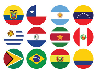 South American countries flag, Venezuela, Uruguay, Suriname, Peru, Paraguay, Guyana, Ecuador, Colombia, Chile, Bandera, Argentina round button flag