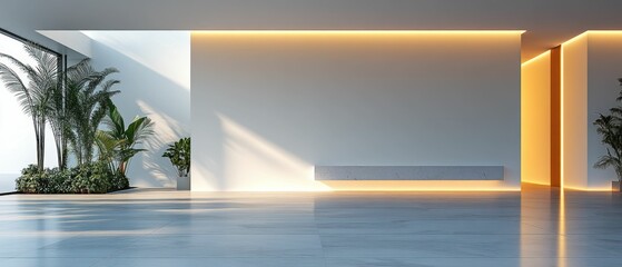 Modern minimalist interior with plants and warm lighting