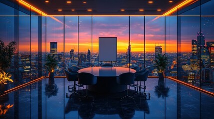 Fototapeta premium Modern penthouse meeting room at sunset