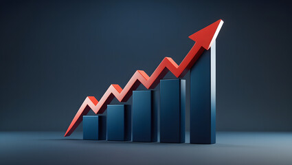 3D Bar Graph with Upward Red Arrow on Blue Background, Financial Growth Concept.