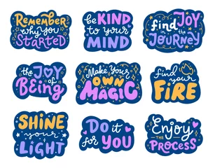 Lichtdoorlatende gordijnen Big set with lettering motivational phrases for print, card, social media or stationery. Collection of vector inspirational stickers design. Hand-drawn typography with positive message. © Seja_aka_Lita