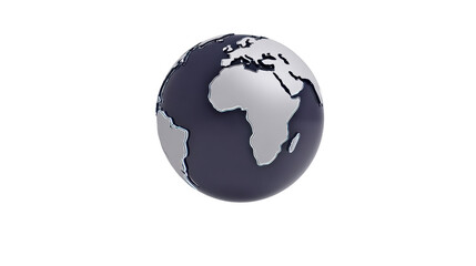 Fototapeta premium 3D rendering of globe showcasing continents with focus on Africa and Europe, set against transparent background. globe is depicted in monochrome style, emphasizing landmasses and ocean outlines