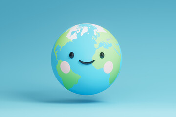 3D render of a smiling cartoon Earth with cute facial features on a blue background, perfect for educational, eco-friendly, or children’s visual content.