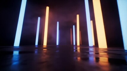 Glowing vertical neon light tubes in blue and orange stand on a reflective floor. A minimalist, futuristic background perfect for music events, modern art, or cyberpunk sci-fi themes. - Powered by Adobe