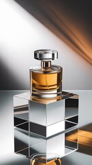 Elegant perfume bottle on glass cube display