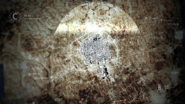 Satellite Camera Tracks Location Object in Idlib Syria. Futuristic Technology. Radar Scan Map. Futuristic Spy Drone Technology to Search International terrorist. Camera online. Live Feed. Close Up
