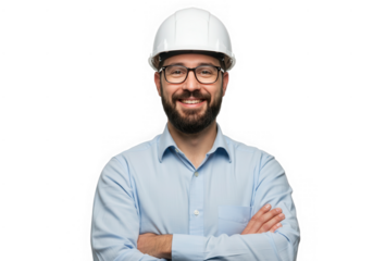 Smiling engineer wearing hard hat isolated on transparent background