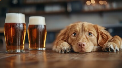 A cute golden retriever puppy rests his head on a table beside two glasses of beer, exuding a charming and playful atmosphere perfect for a relaxed gathering.
