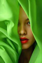 beautiful young woman in green textile