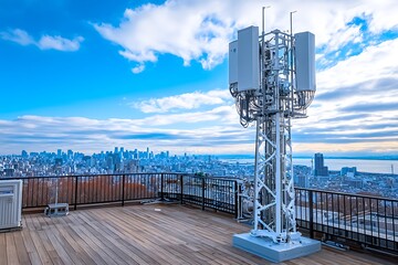 Rooftop communication tower overlooking cityscape