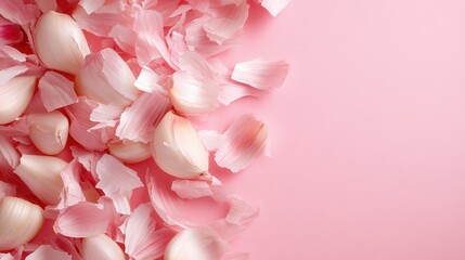 Obraz premium Delicate pink onion peels scattered on a soft pink background, embodying nature's artistry and the beauty of culinary elements in a minimalistic presentation.