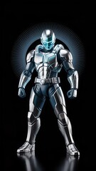 Naklejka premium Futuristic armored robot standing dark background