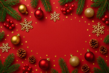 Christmas flat lay background with pine branches, red and gold baubles, snowflakes, cones, and stars on red. Festive frame for holiday greeting design
