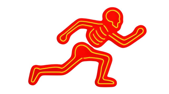 Vibrant neon sign depicts running skeleton, glowing in bright red and orange hues. dynamic pose and bold colors create striking and energetic visual effect
