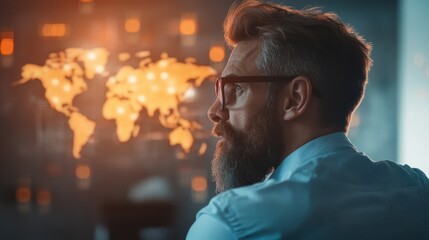 A thoughtful bearded man gazes at a digital world map, representing global connections and opportunities in a modern business environment.