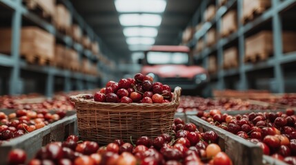 A rustic display of fresh cherries piled in baskets reveals the abundance of nature, evoking a sense of harvest and the joy of fresh produce.