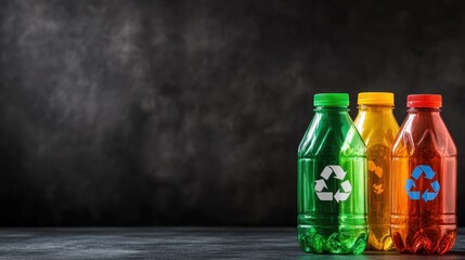 A collection of vibrant recyclable bottles stands out against a dark background, promoting eco-consciousness and sustainability while encouraging responsible living.