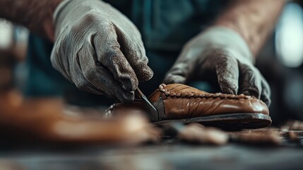 A skilled artisan meticulously crafts a leather shoe, highlighting the artistry and attention to detail involved in handmade goods, showcasing craftsmanship and dedication.